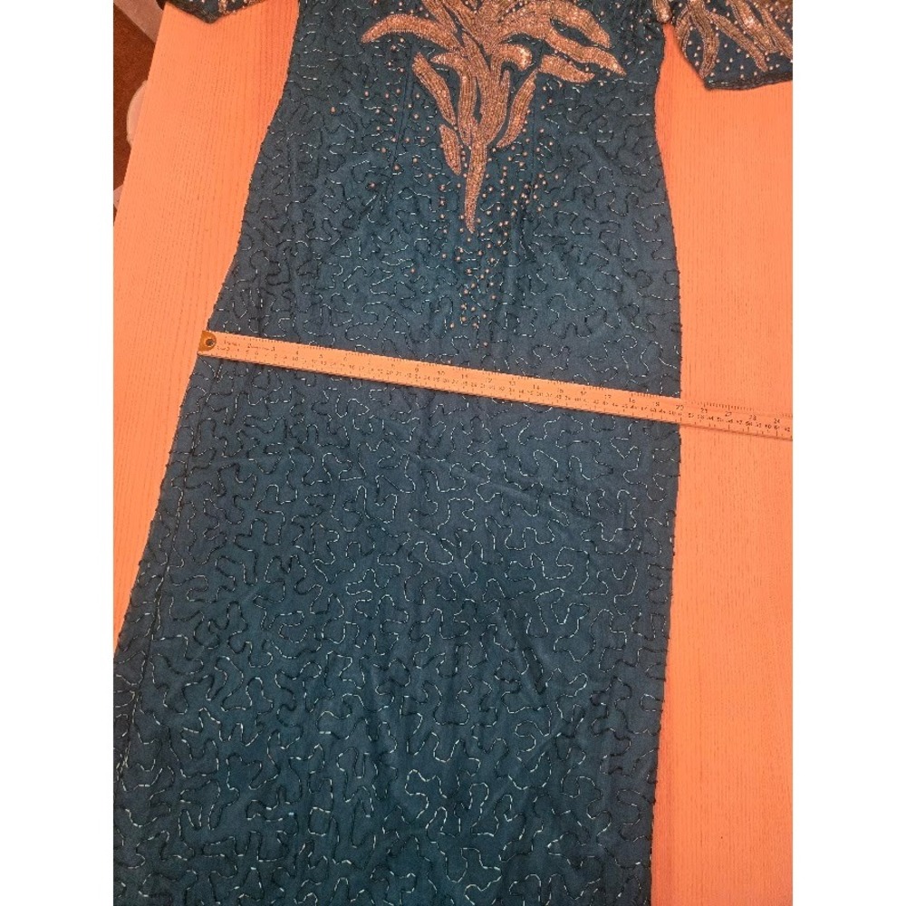 Vintage Silk Beaded Sequin Maxi Dress Teal Gold Keyhole Back Evening Gown Size L - Picture 11 of 13